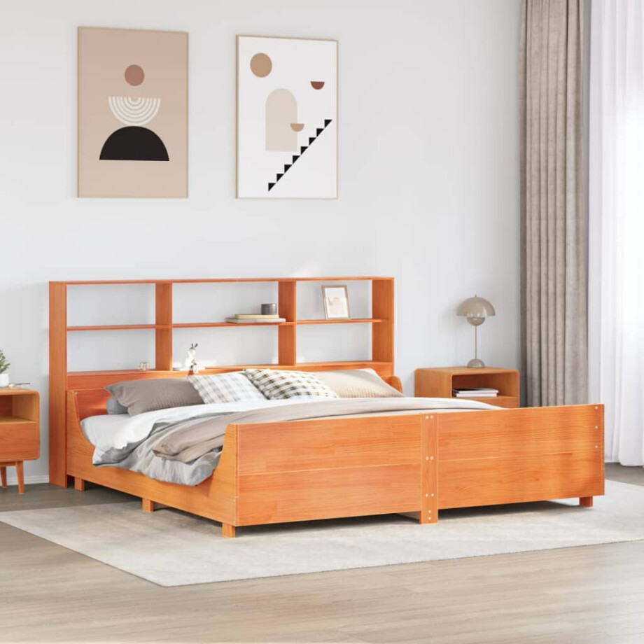 vidaXL Bed met boekenkast zonder matras hout wasbruin 200x200 cm afbeelding 1
