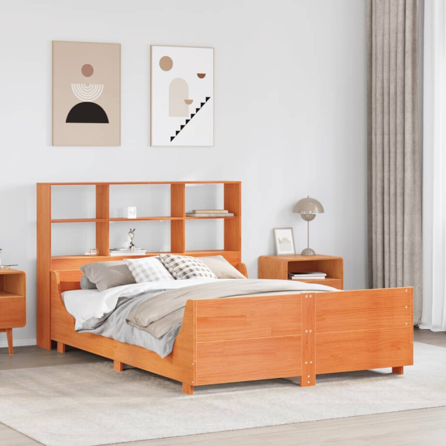 vidaXL Bed met boekenkast zonder matras hout wasbruin 135x190 cm vidaXL Bed met boekenkast zonder matras hout wasbruin 135x190 cm afbeelding 1