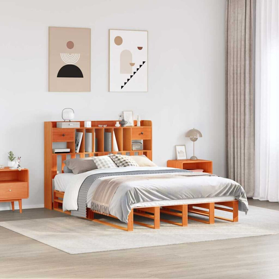vidaXL Bed met boekenkast zonder matras grenenhout wasbruin 150x200 cm vidaXL Bed met boekenkast zonder matras grenenhout wasbruin 150x200 cm afbeelding 1