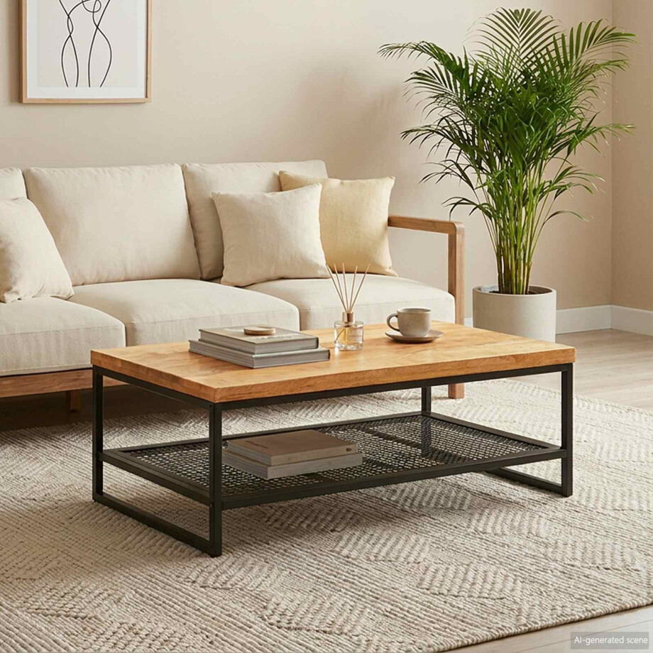 vidaXL Salontafel Bruin en zwart 110 x 55 x 35 cm Massief Mango Hout afbeelding 1