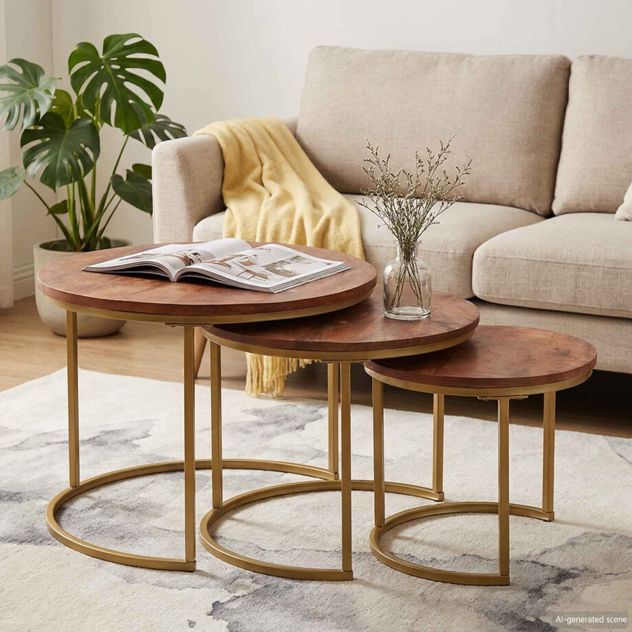 vidaXL Nest Koffietafels 3 pcs Honingbruin Massief mangohout en staal vidaXL Nest Koffietafels 3 pcs Honingbruin Massief mangohout en staal afbeelding 1