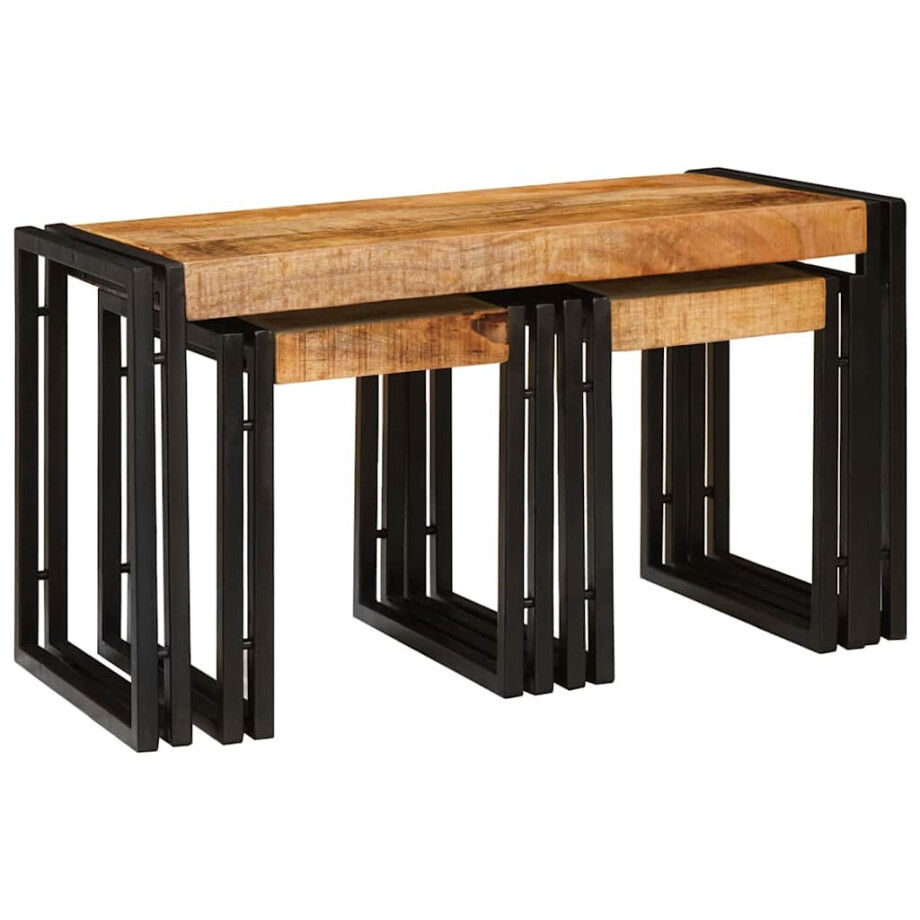vidaXL Nesttafel 3 pcs Bruin en zwart Massief Mangohout en Metaal vidaXL Nesttafel 3 pcs Bruin en zwart Massief Mangohout en Metaal afbeelding 1