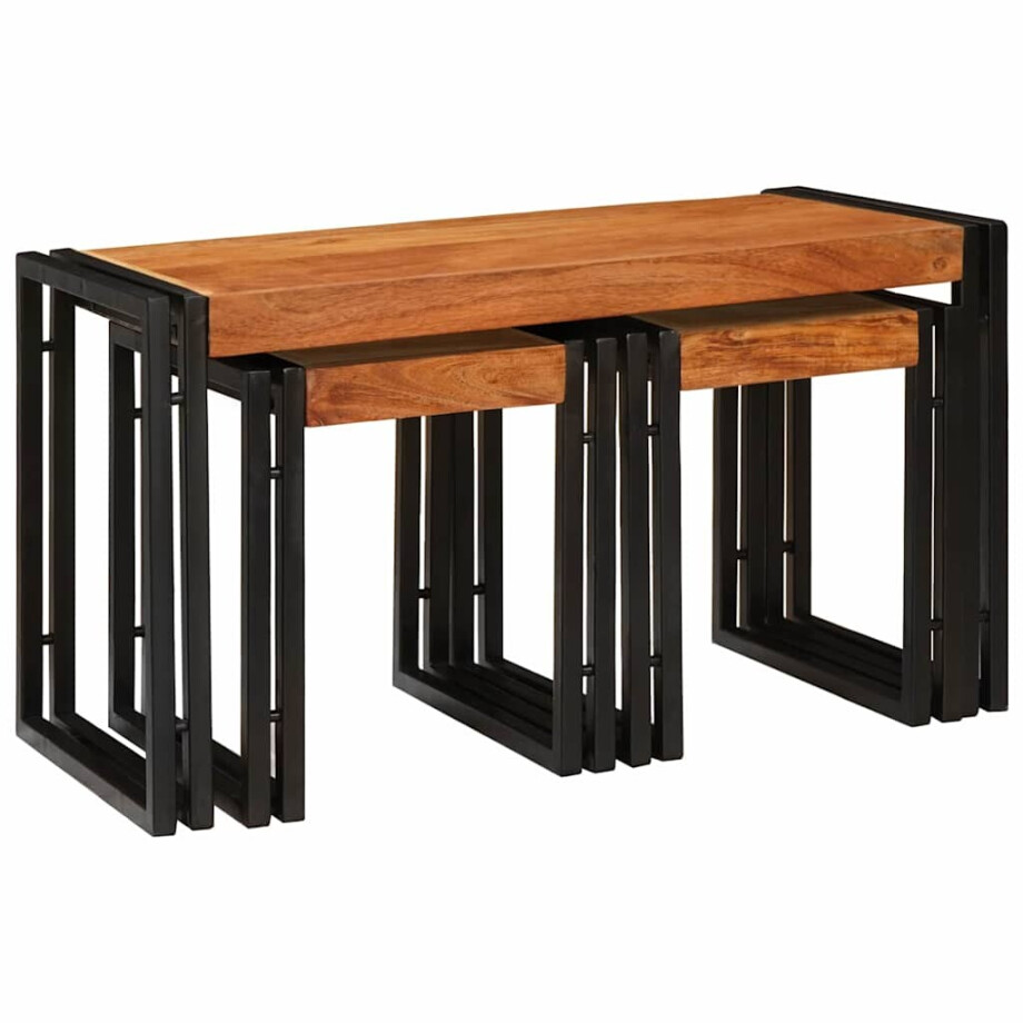 vidaXL Nesttafel 3 pcs Bruin en zwart Massief acaciahout en metaal vidaXL Nesttafel 3 pcs Bruin en zwart Massief acaciahout en metaal afbeelding 1