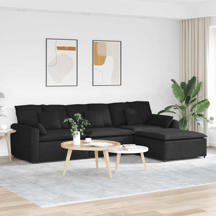 vidaXL Modulaire bank met voetenbank en kussens zwart vidaXL Modulaire bank met voetenbank en kussens zwart afbeelding 1
