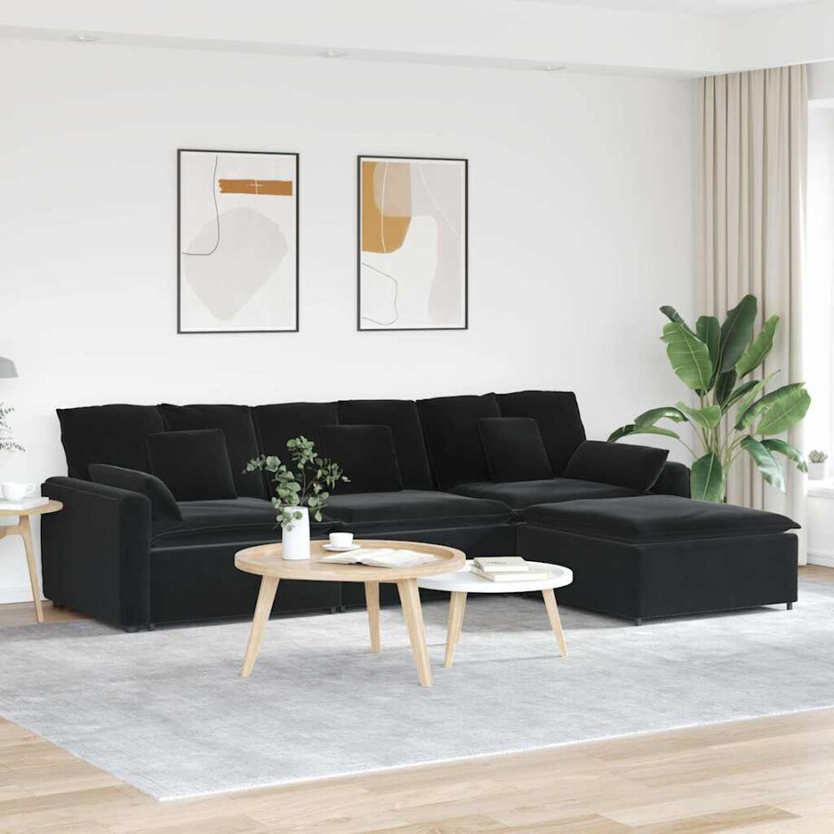 vidaXL Modulaire bank met voetenbank en kussens zwart vidaXL Modulaire bank met voetenbank en kussens zwart afbeelding 1