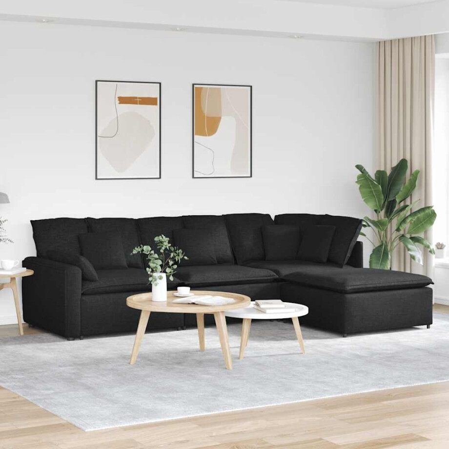 vidaXL Modulaire bank met voetenbank en kussens stof zwart vidaXL Modulaire bank met voetenbank en kussens stof zwart afbeelding 1