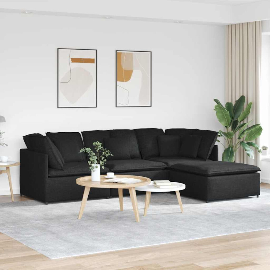 vidaXL Modulaire bank met voetenbank en kussens stof zwart vidaXL Modulaire bank met voetenbank en kussens stof zwart afbeelding 1