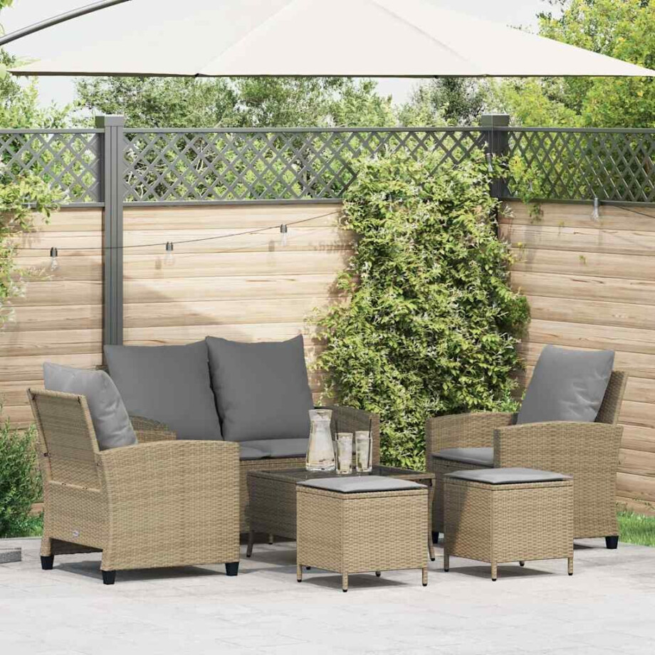 vidaXL 6-delige Loungeset met kussens poly rattan beige afbeelding 1