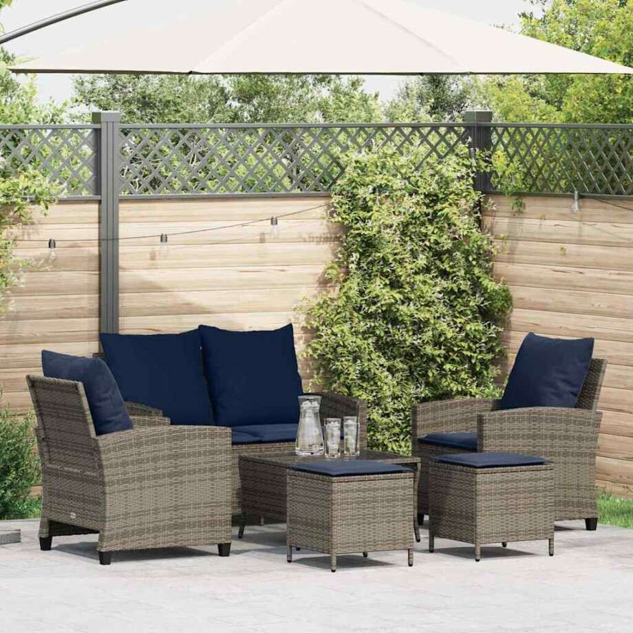vidaXL 6-delige Loungeset met kussens poly rattan grijs afbeelding 1