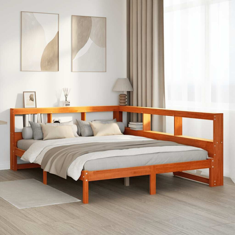 vidaXL Bed met boekenkast zonder matras grenenhout wasbruin 160x200 cm afbeelding 1