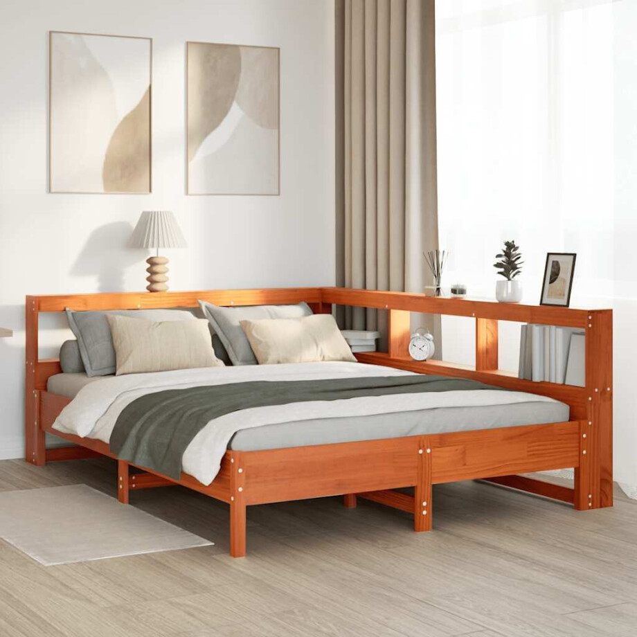 vidaXL Bed met boekenkast zonder matras grenenhout wasbruin 140x200 cm vidaXL Bed met boekenkast zonder matras grenenhout wasbruin 140x200 cm afbeelding 1