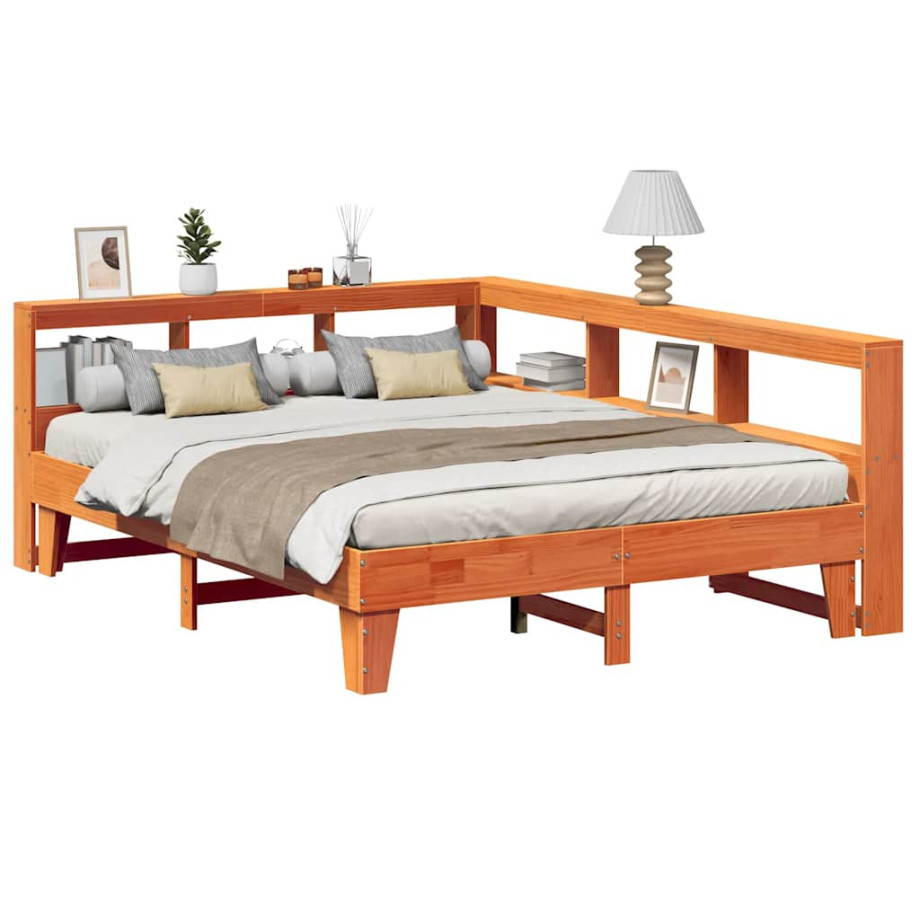vidaXL Bed met boekenkast zonder matras grenenhout wasbruin 150x200 cm afbeelding 1