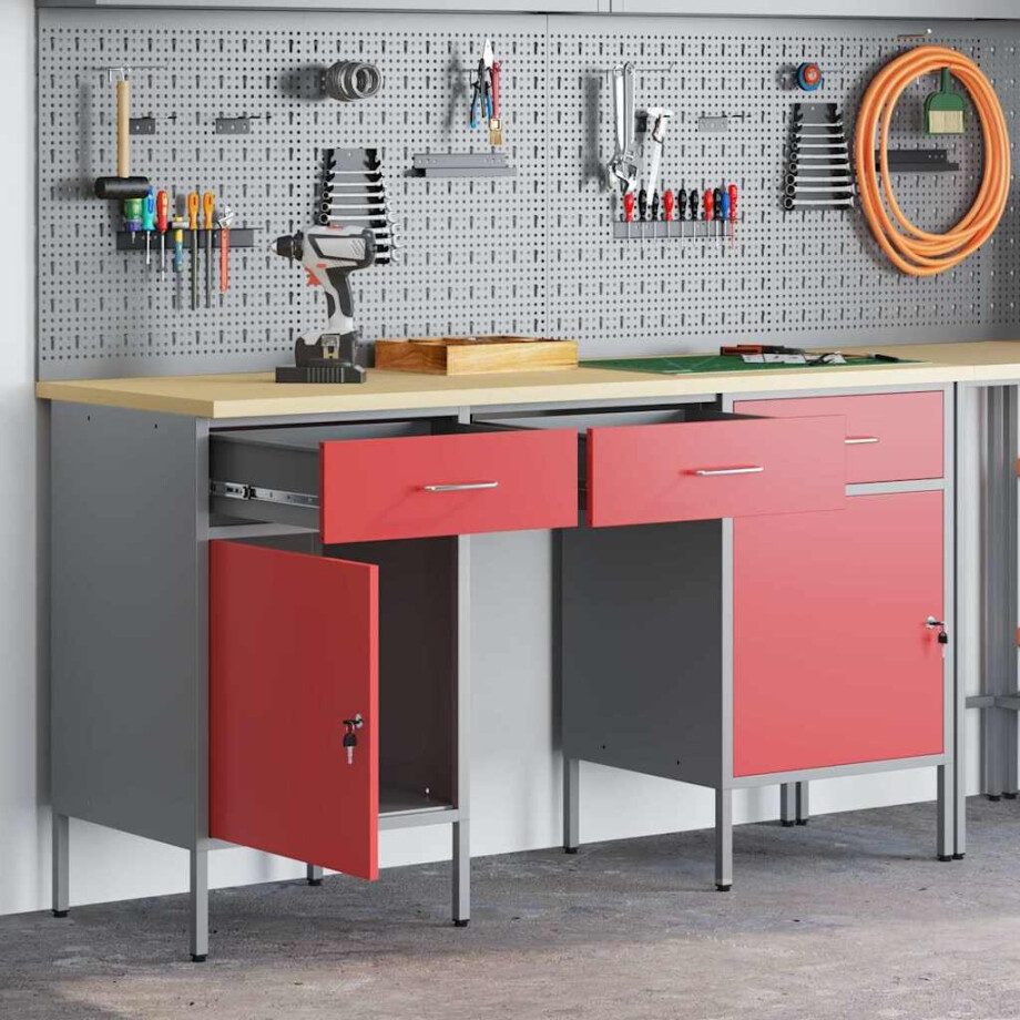 vidaXL Werk kast met lade met slot 3 pcs Rood Engineered hout en staal afbeelding 1
