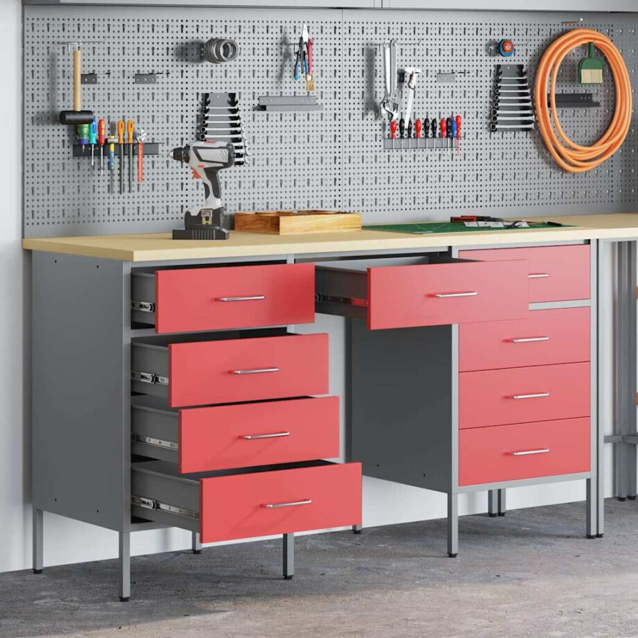 vidaXL Werk kast met lade 3 pcs Rood Engineered hout en staal afbeelding 1