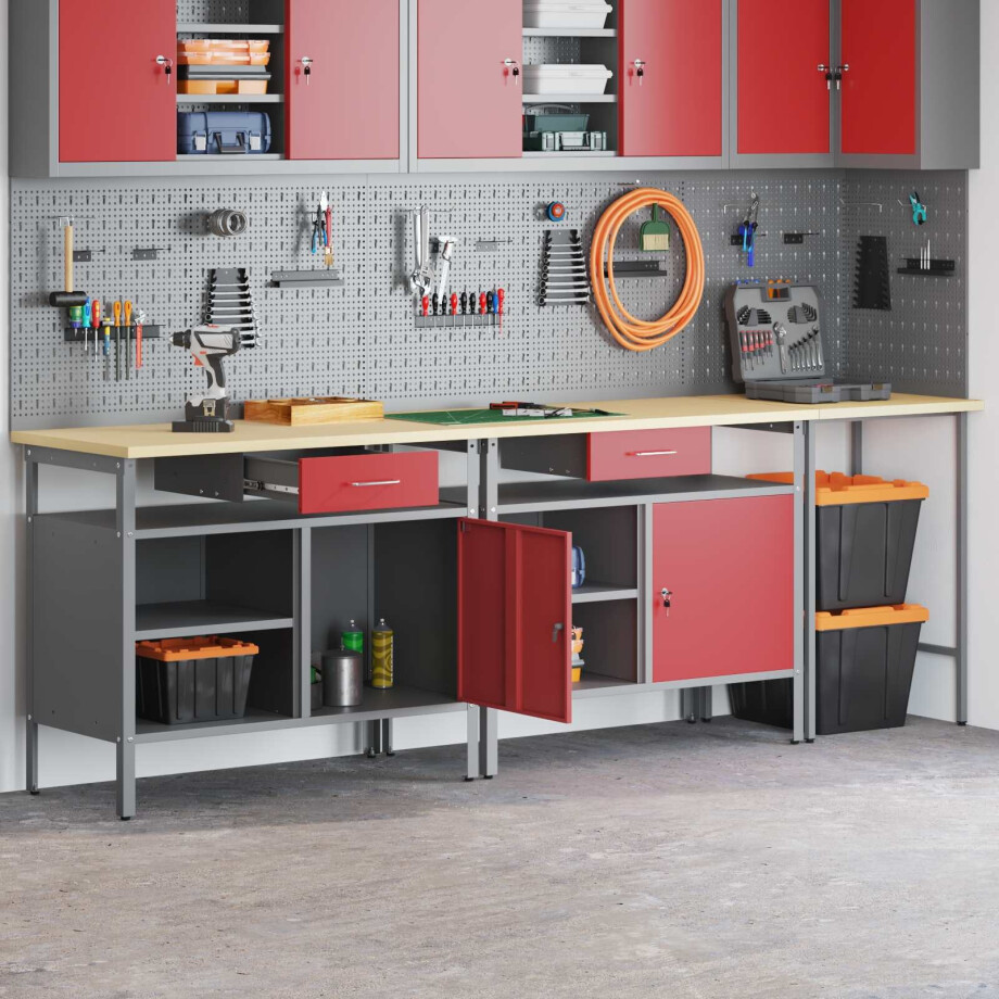 vidaXL Werkbankset met lade 3 pcs Zwart en Grijs Gepoedercoat staal afbeelding 1