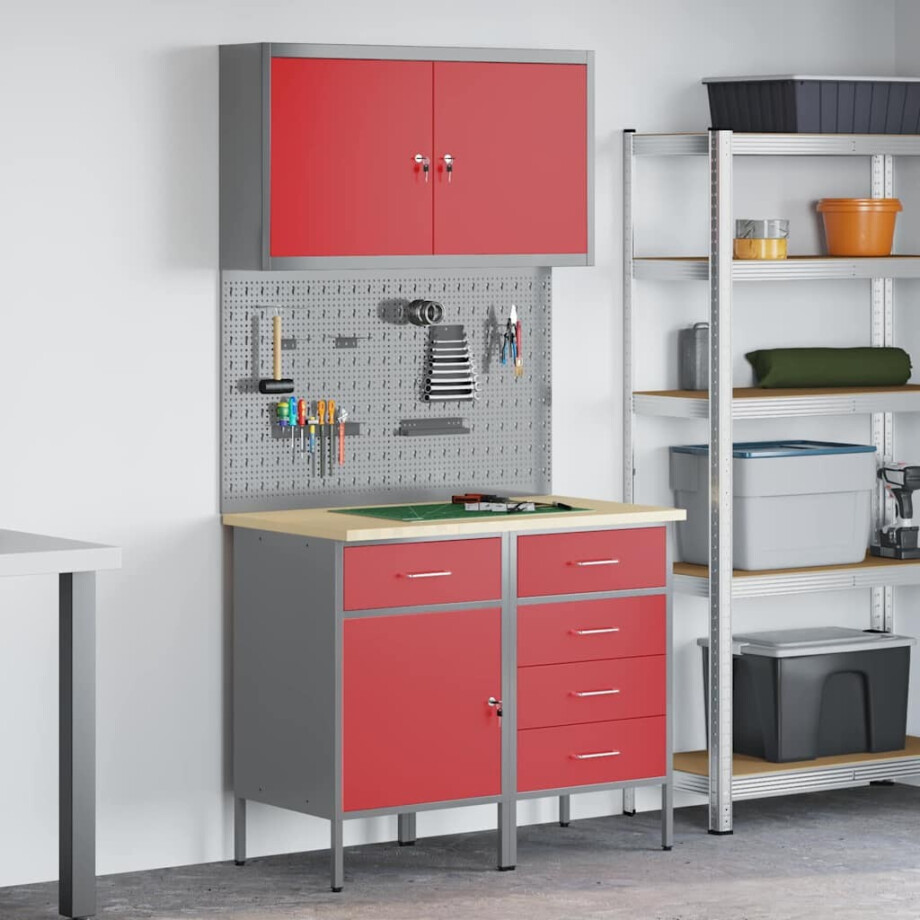 vidaXL Werk kast met lade met slot 5 pcs Rood Engineered hout en staal afbeelding 1