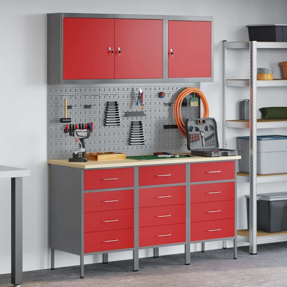 vidaXL Werk kast met lade met slot 8 pcs Rood Engineered hout en staal afbeelding 1