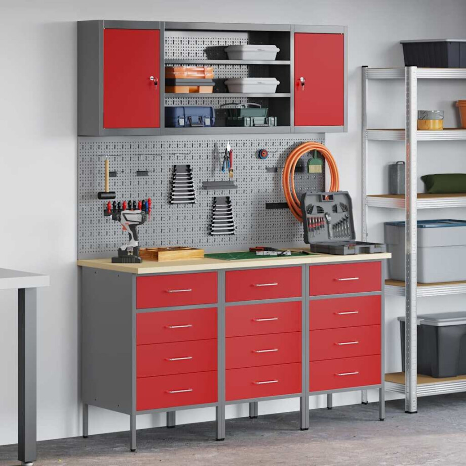 vidaXL Werk kast met lade met slot 7 pcs Rood Engineered hout en staal vidaXL Werk kast met lade met slot 7 pcs Rood Engineered hout en staal afbeelding 1