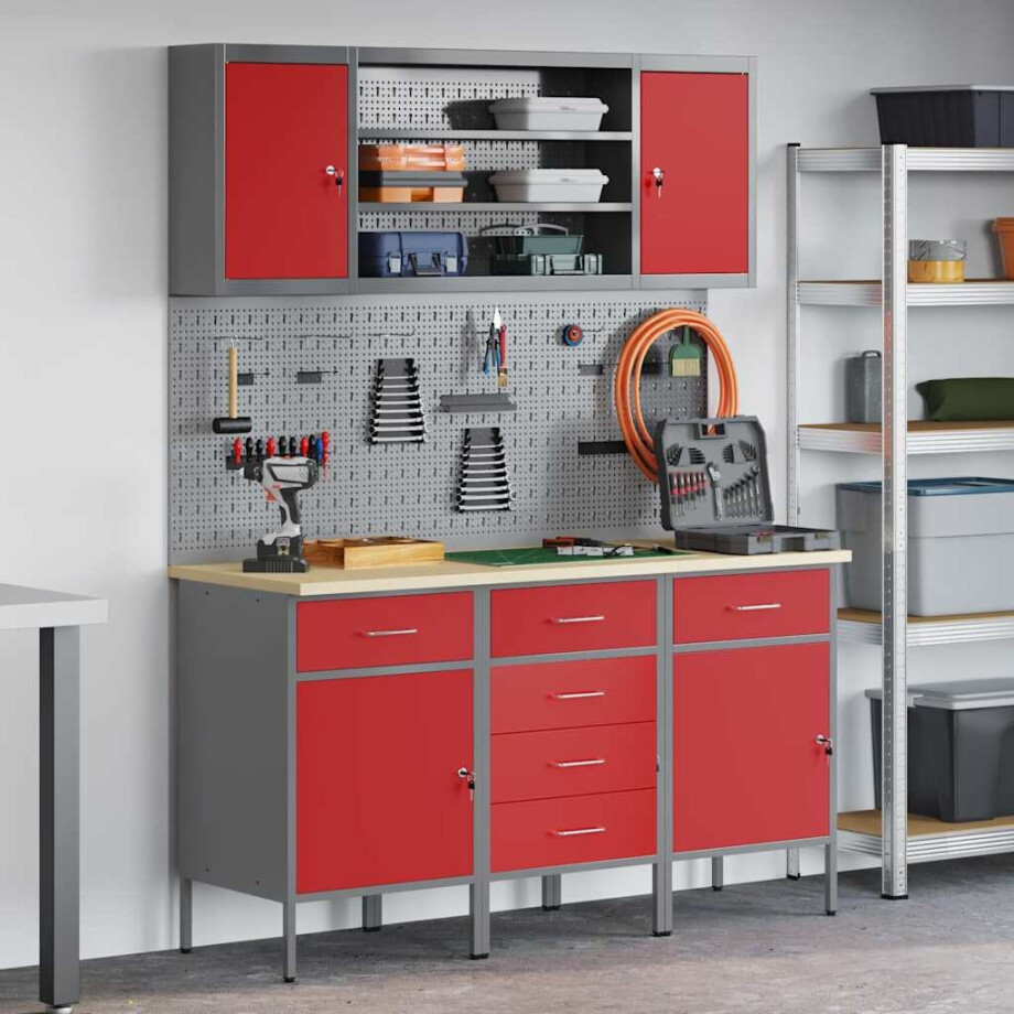vidaXL Werk kast met lade met slot 7 pcs Rood Engineered hout en staal vidaXL Werk kast met lade met slot 7 pcs Rood Engineered hout en staal afbeelding 1
