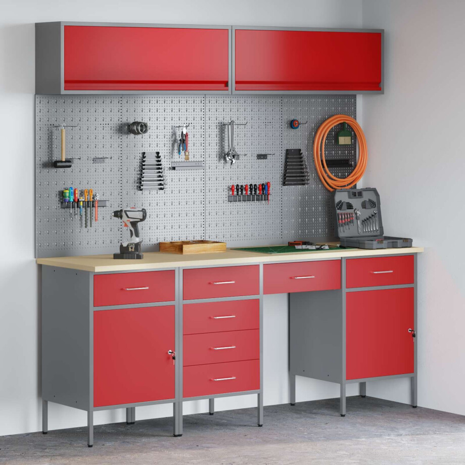 vidaXL Werk kast met lade 10 pcs Rood Engineered hout en staal vidaXL Werk kast met lade 10 pcs Rood Engineered hout en staal afbeelding 1