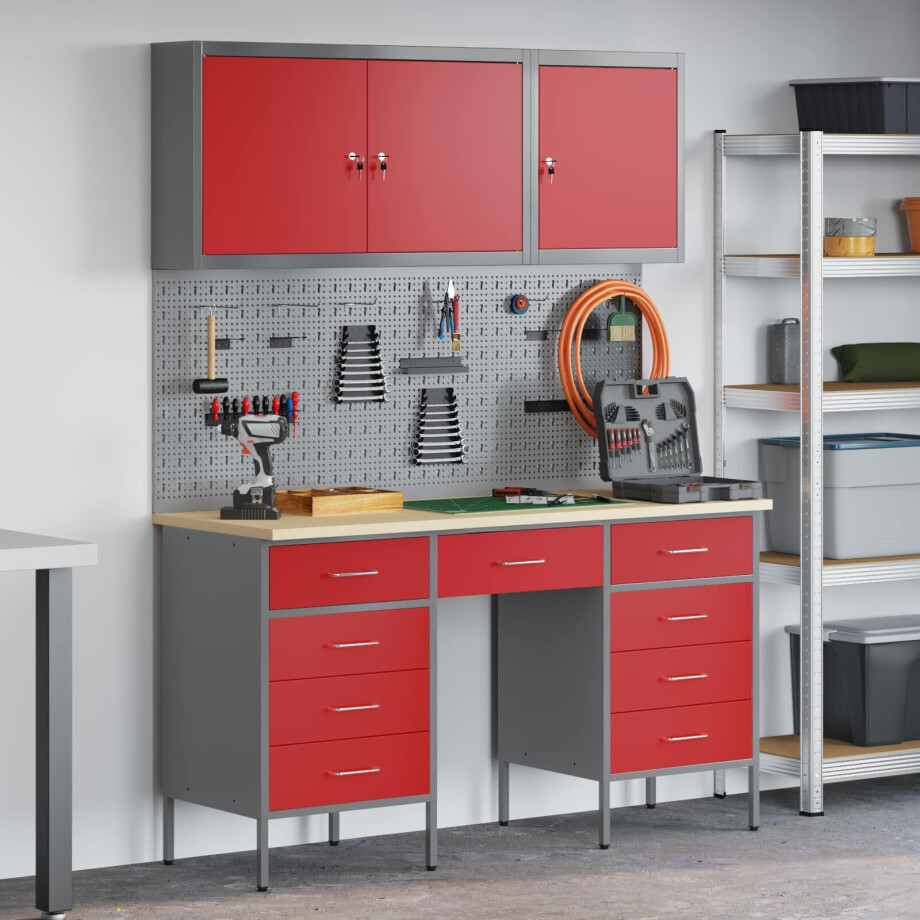 vidaXL Werk kast met lade met slot 8 pcs Rood Engineered hout en staal afbeelding 1