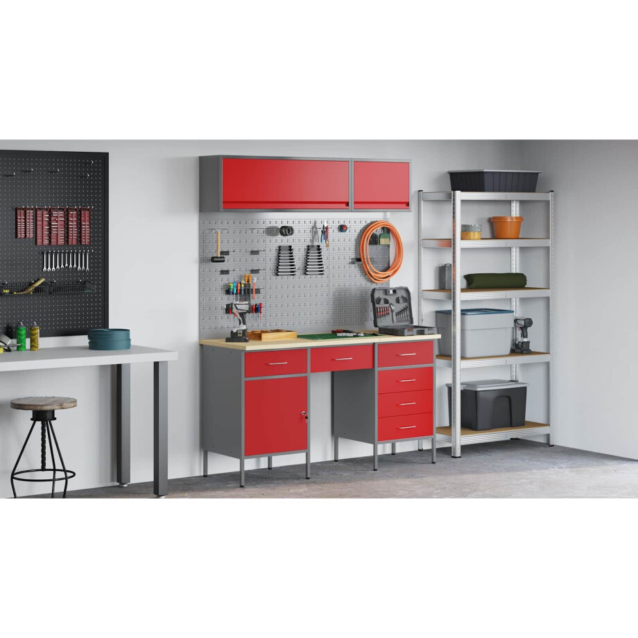 vidaXL Werk kast met lade met slot 8 pcs Rood Engineered hout en staal afbeelding 1