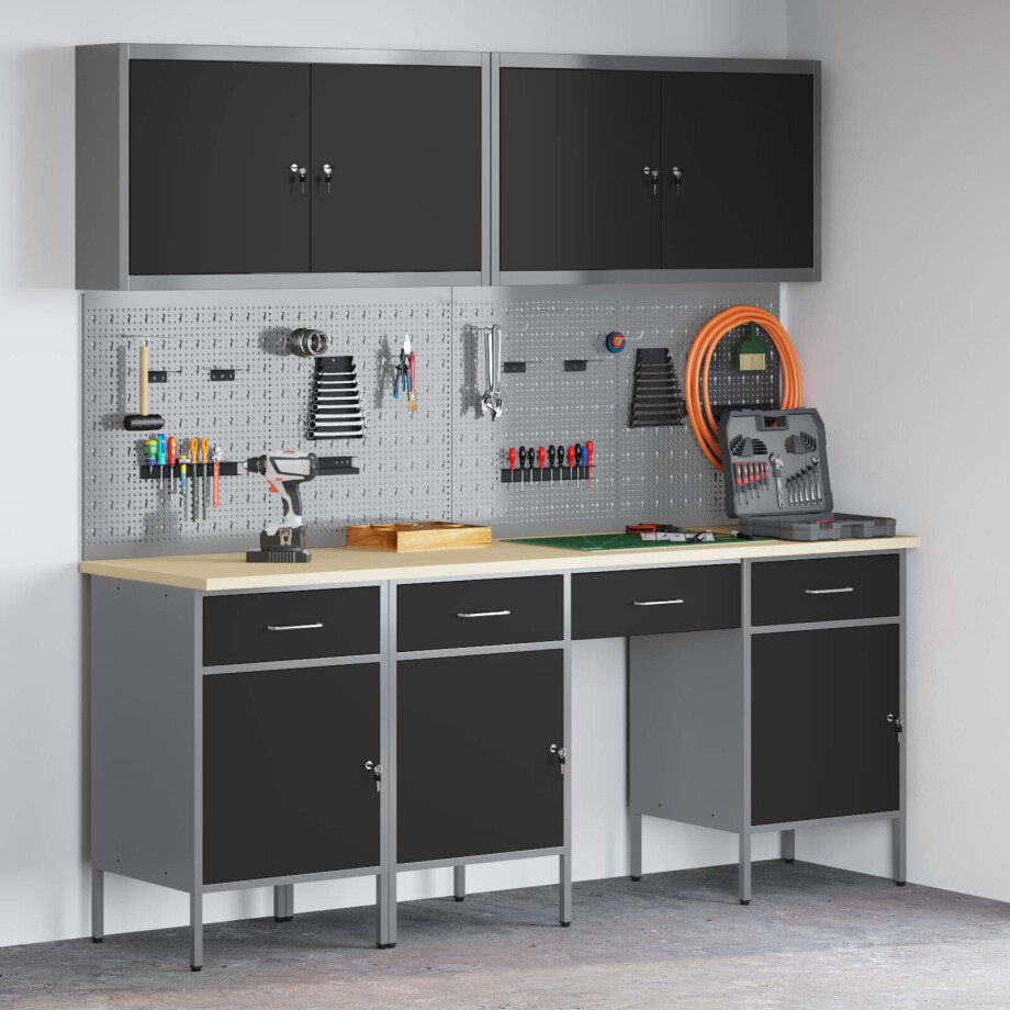 vidaXL Werk kast met lade 10 pcs Zwart Engineered hout en staal vidaXL Werk kast met lade 10 pcs Zwart Engineered hout en staal afbeelding 1
