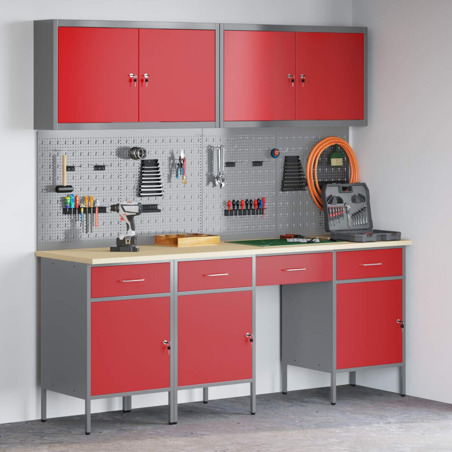 vidaXL Werk kast met lade 10 pcs Rood Engineered hout en staal afbeelding 1