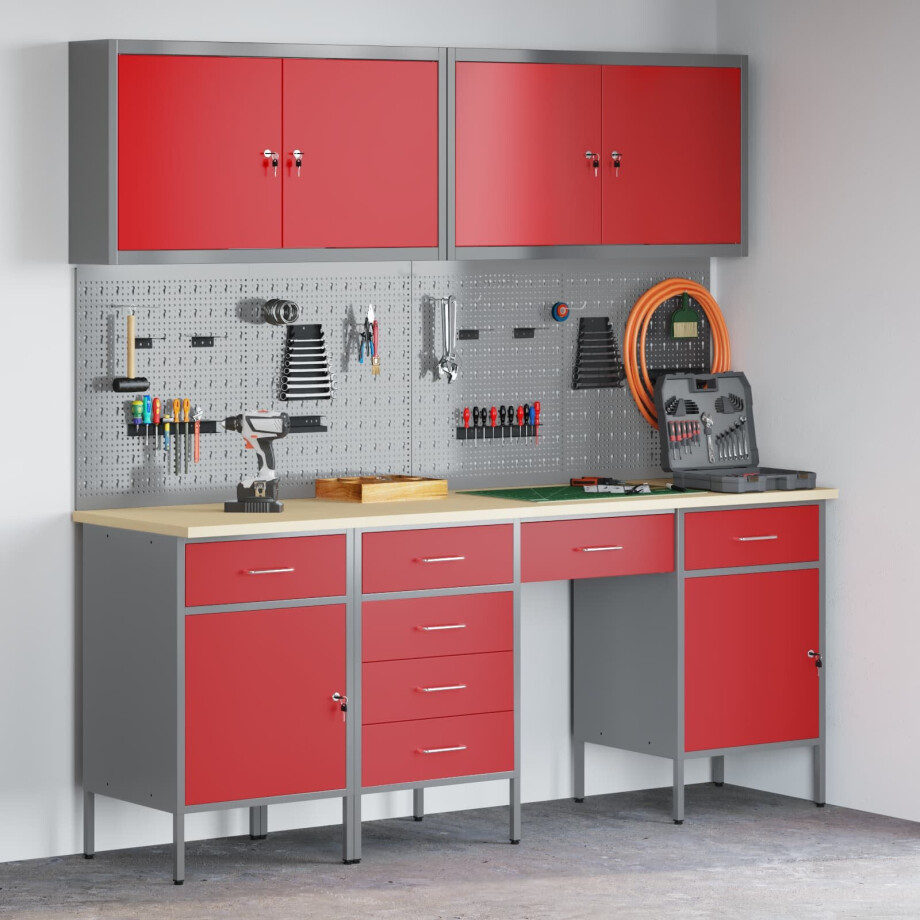 vidaXL Werk kast met lade 10 pcs Rood Engineered hout en staal afbeelding 1
