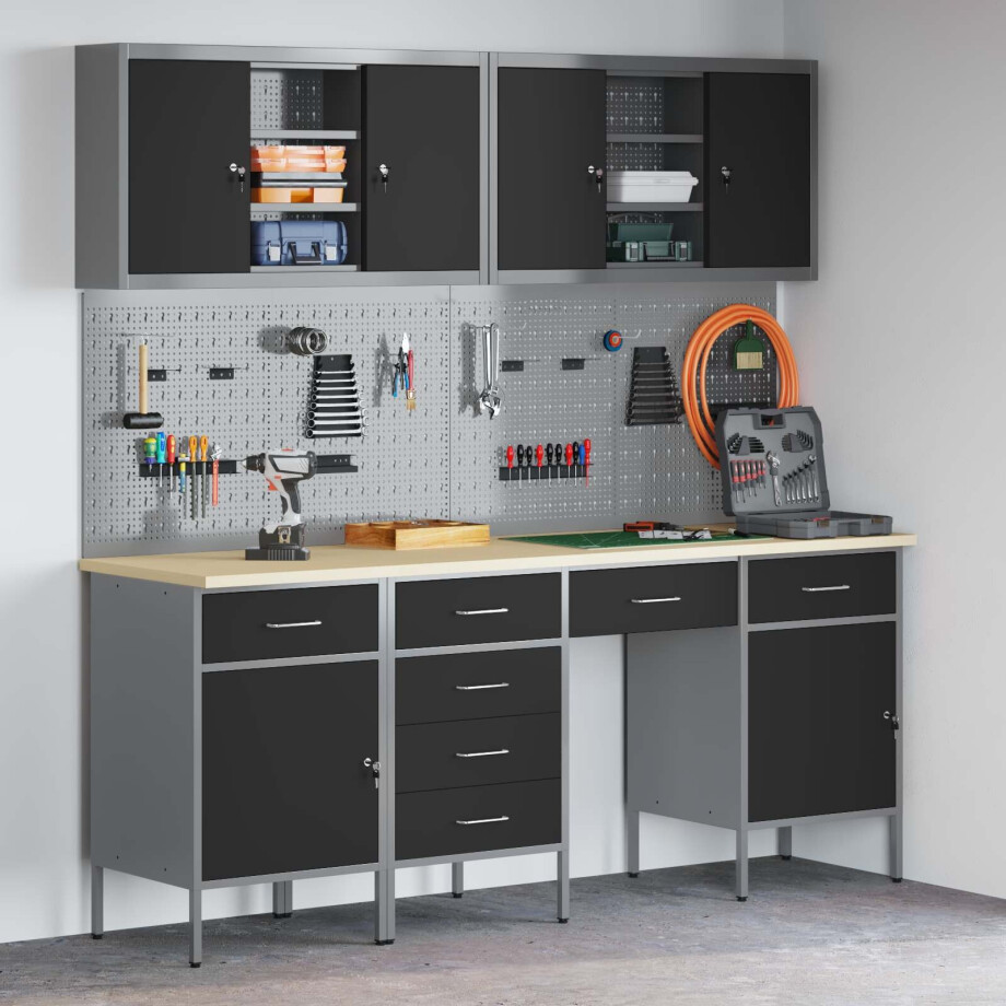 vidaXL Werk kast met lade 10 pcs Zwart Engineered hout en staal vidaXL Werk kast met lade 10 pcs Zwart Engineered hout en staal afbeelding 1