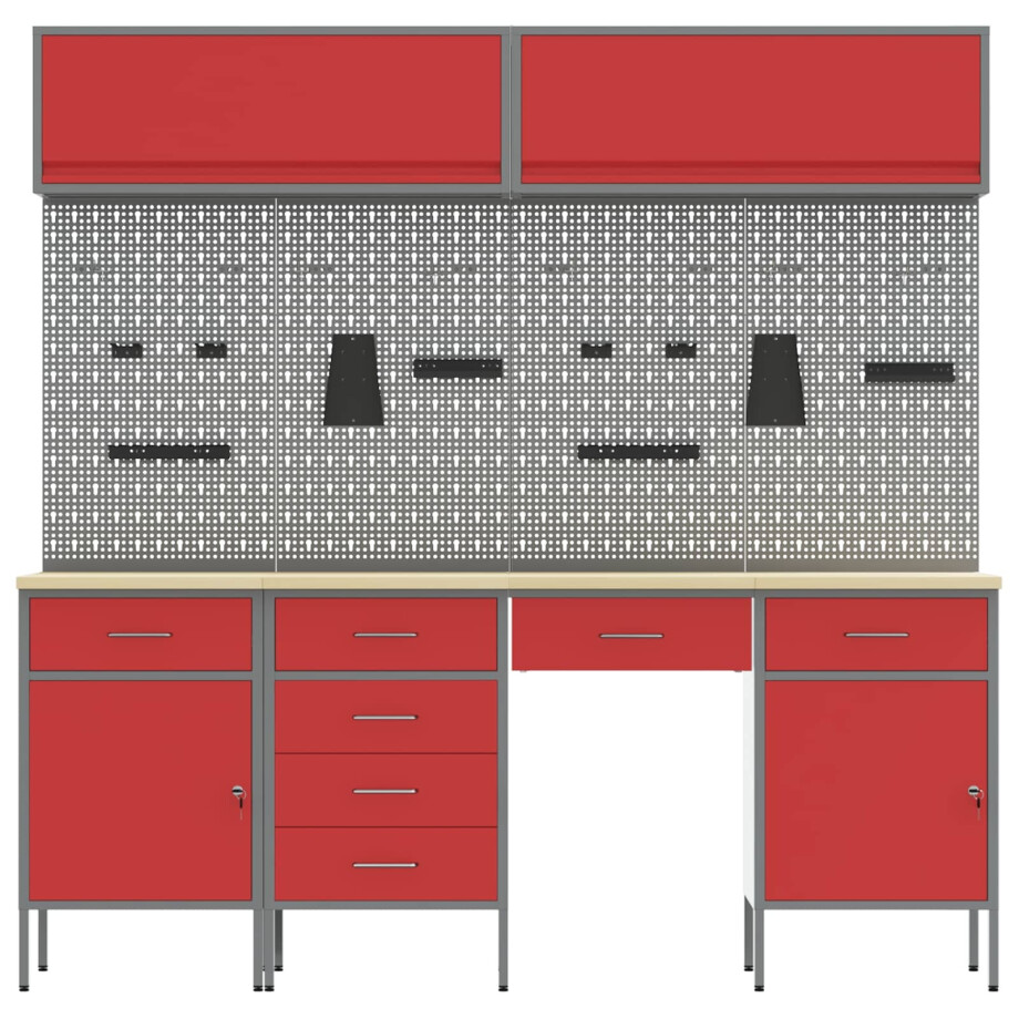 vidaXL Werk kast met lade 10 pcs Rood Engineered hout en staal afbeelding 1