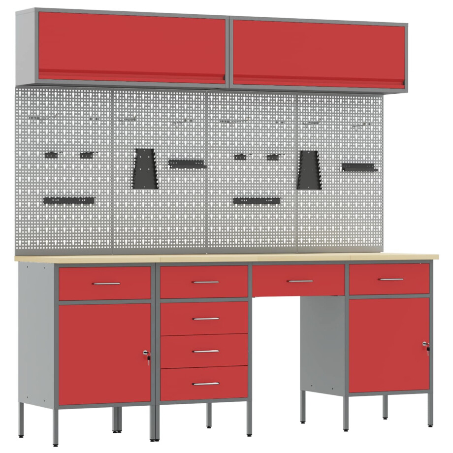 vidaXL Werkkast set 10 st Rood Poedergecoat staal en gefabriceerd hout afbeelding 1