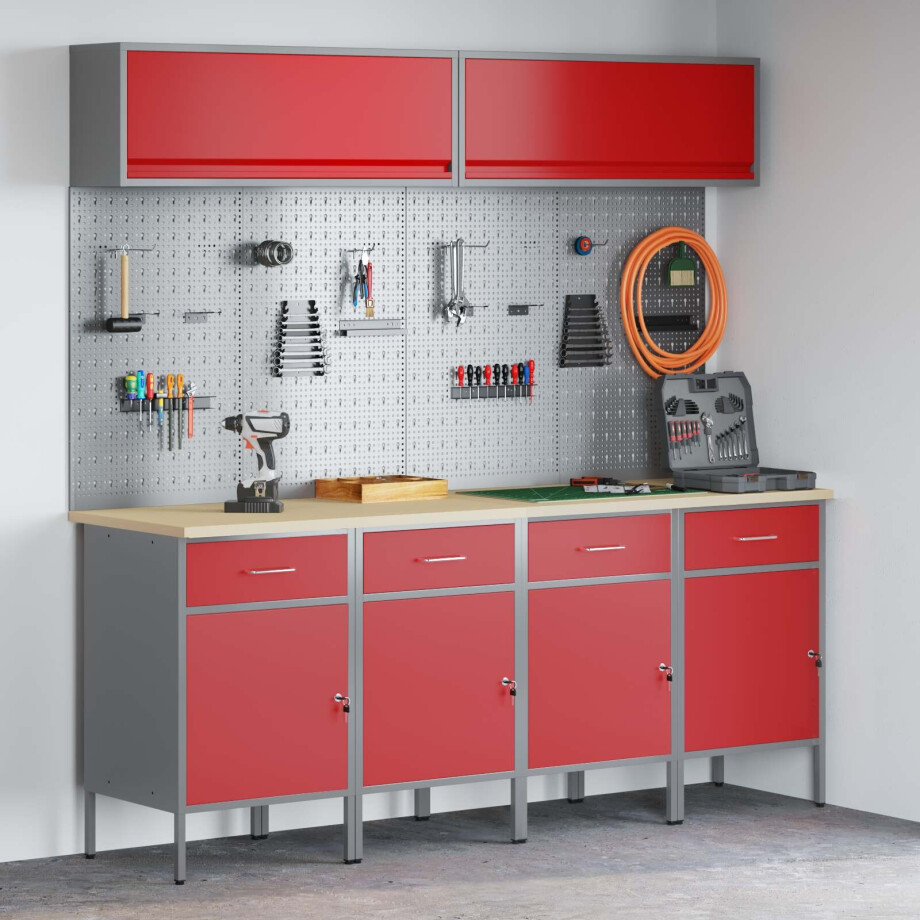 vidaXL Werkkast set 10 st Rood Poedergecoat staal en gefabriceerd hout afbeelding 1