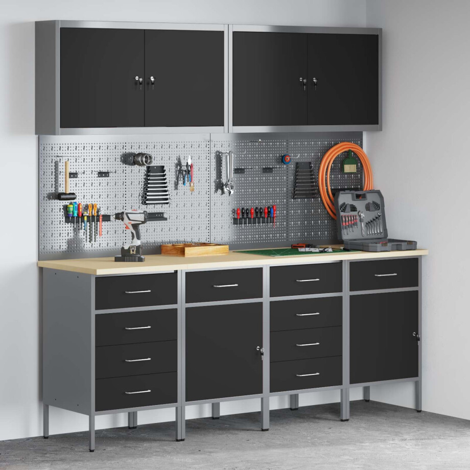 vidaXL Werk kast met lade 10 pcs Zwart Engineered hout en staal afbeelding 1