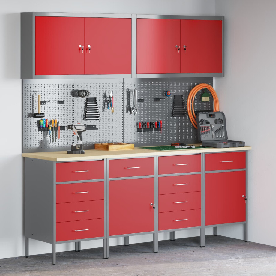 vidaXL Werk kast met lade 10 pcs Rood Engineered hout en staal afbeelding 1