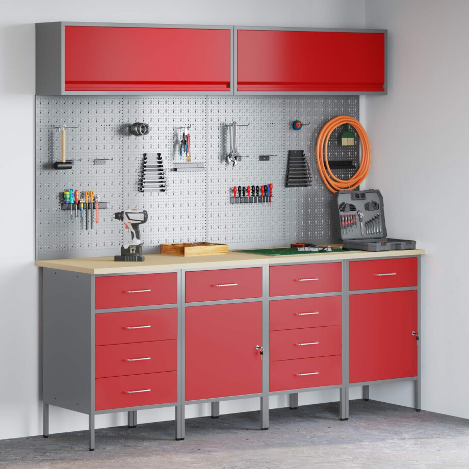 vidaXL Werkkast set 10 st Rood Poedergecoat staal en gefabriceerd hout afbeelding 1