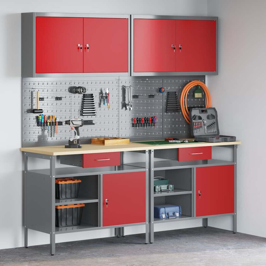 vidaXL Werkbankset met lade 8 pcs Rood en Grijs Gepoedercoat staal afbeelding 1