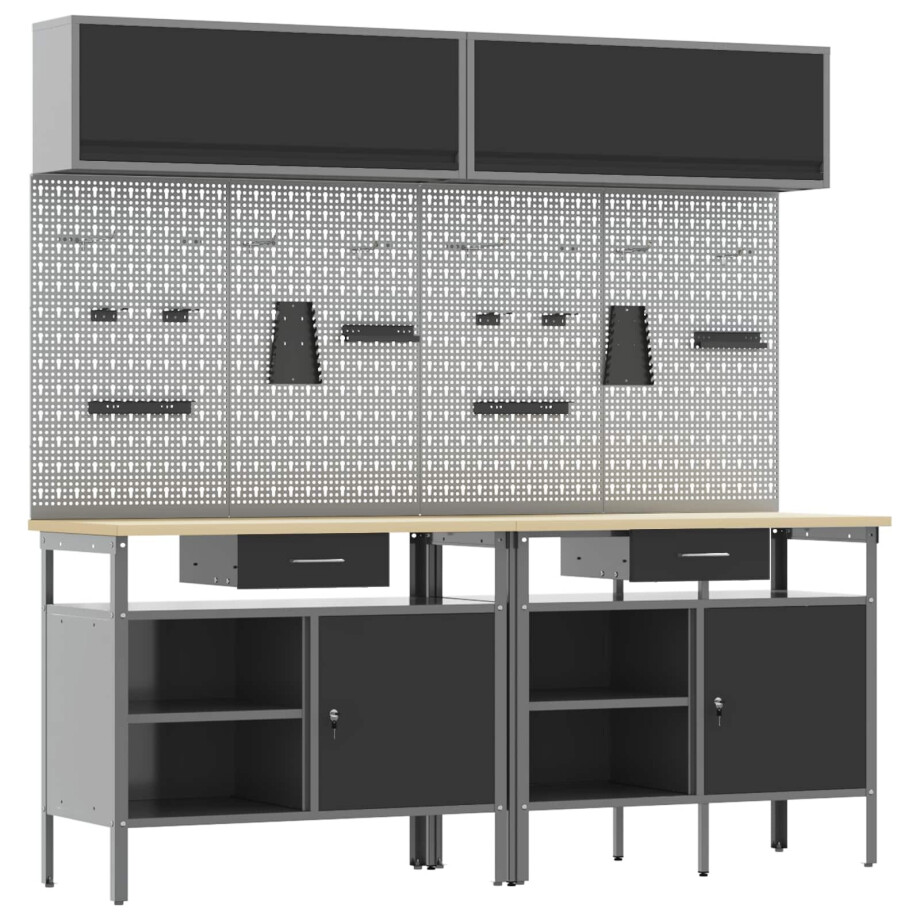 vidaXL Werkbankset met lade 8 pcs Zwart en Grijs Gepoedercoat staal afbeelding 1