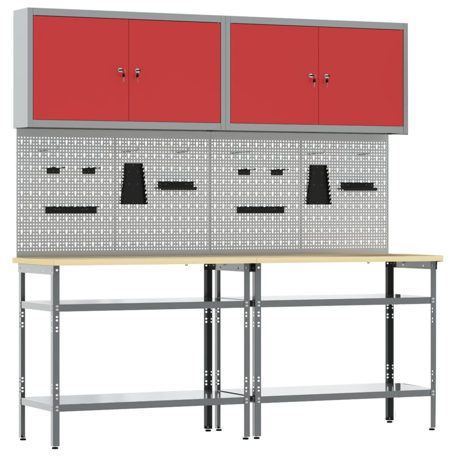 vidaXL Werkbankset met plank 8 pcs Rood en Grijs Gepoedercoat staal afbeelding 1