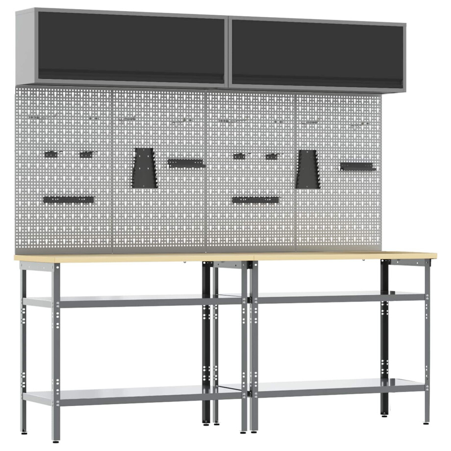 vidaXL Werkbankset met plank 8 pcs Zwart en Grijs Gepoedercoat staal afbeelding 1