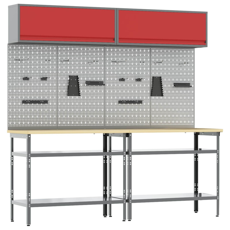 vidaXL Werkbankset met plank 8 pcs Rood en Grijs Gepoedercoat staal afbeelding 1