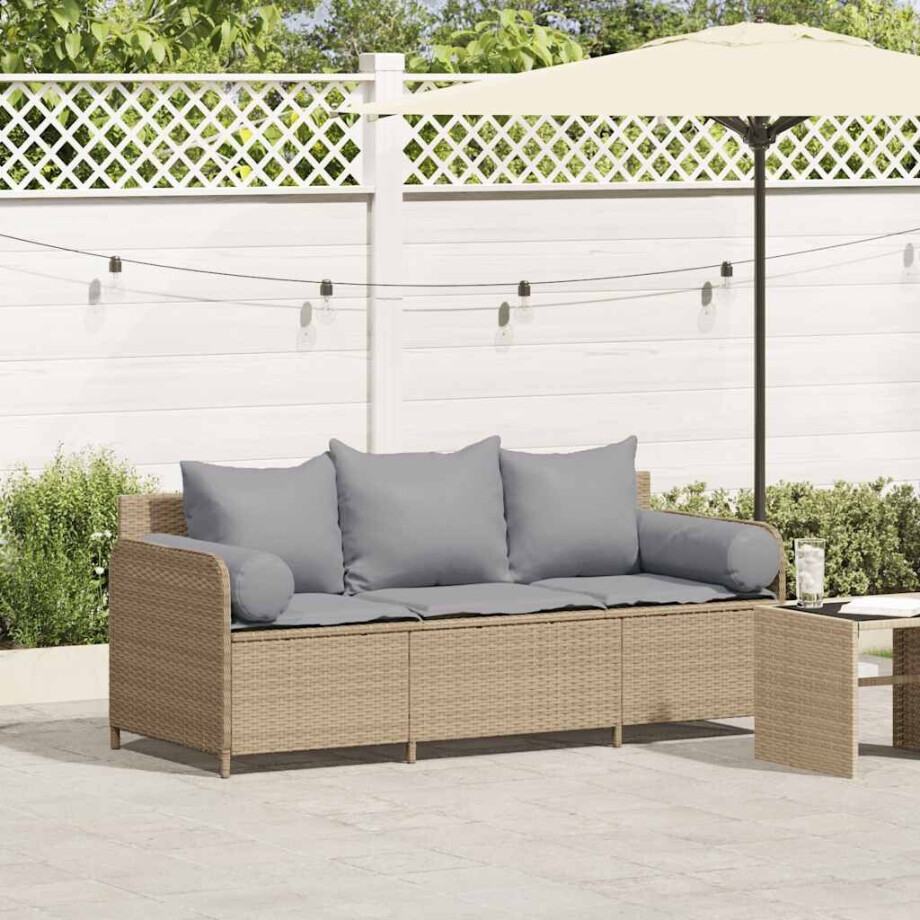 vidaXL Tuinbank 3-zits met kussens poly rattan beige afbeelding 1