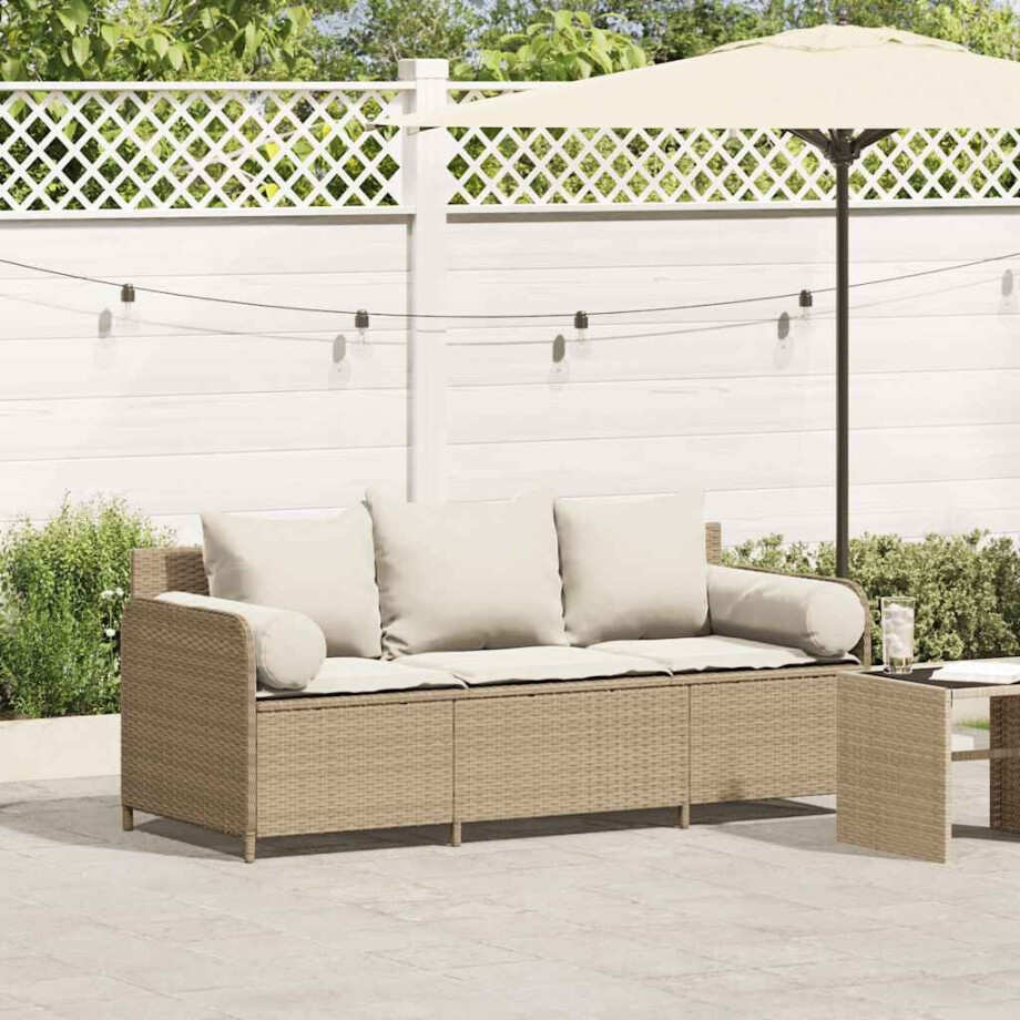 vidaXL Tuinbank 3-zits met kussens poly rattan beige afbeelding 1