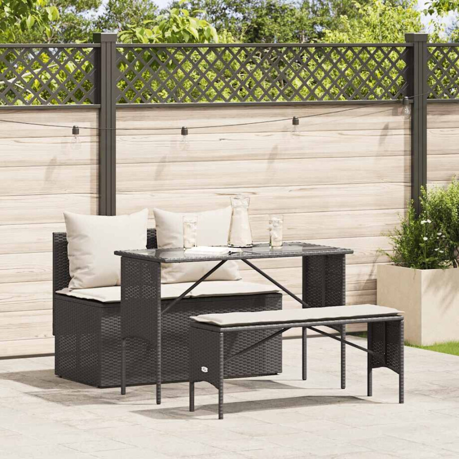 vidaXL 3-delige Tuinset met kussens poly rattan zwart afbeelding 1