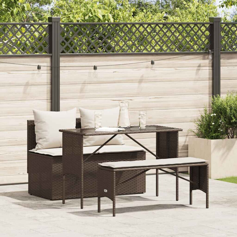 vidaXL 3-delige Tuinset met kussens poly rattan bruin afbeelding 1