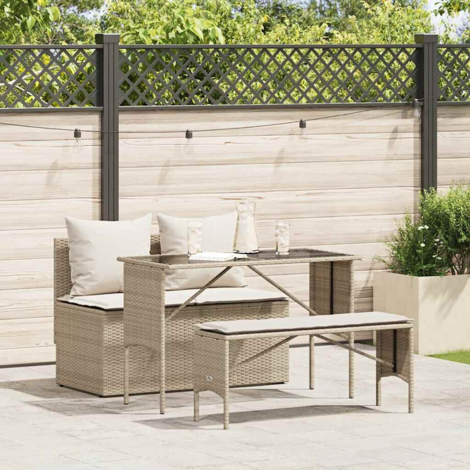 vidaXL 3-delige Tuinset met kussens poly rattan beige afbeelding 1