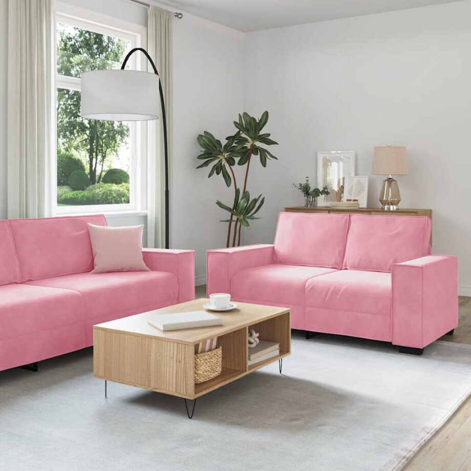 vidaXL 3-delige Loungeset met kussens fluweel roze afbeelding 1