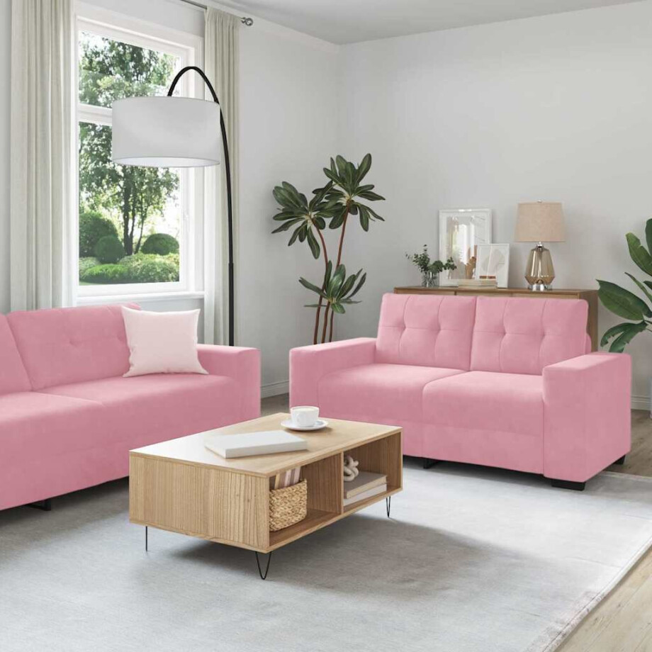 vidaXL Bankstel 3 pcs Roze 221 x 80 x 80 cm Fluweel afbeelding 1