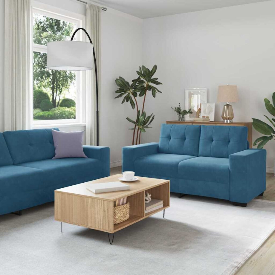 vidaXL Bankstel 3 pcs Blauw 221 x 80 x 80 cm Fluweel afbeelding 1