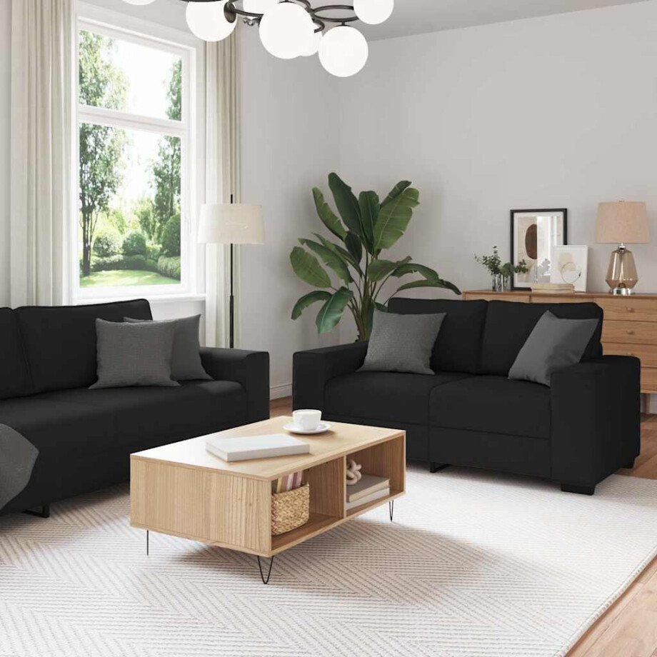 vidaXL 3-delige loungeset met kussens stof zwart vidaXL 3-delige loungeset met kussens stof zwart afbeelding 1